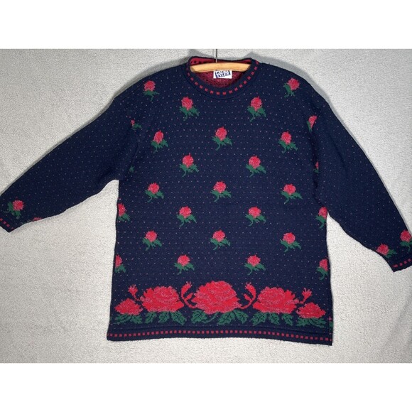 Vintage Laura Tyler Sweater Women’s XL Rose AOP Adele Knit Cottagecore Holiday - Picture 1 of 16